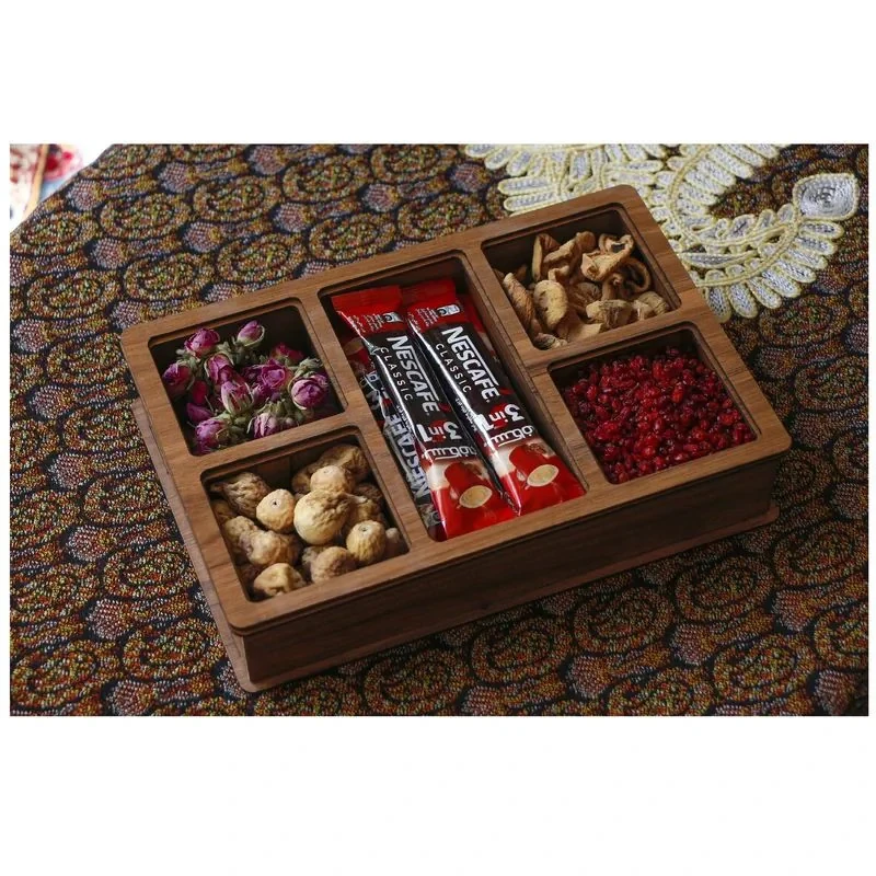 جعبه پذیرایی 5 قسمتی مدل H212 بدنه چوب با روکش چوبی و در اکریلیک شفاف، ابعاد 75×75 میلی متر (4 قسمت) و 160×75 میلی متر (1 قسمت)