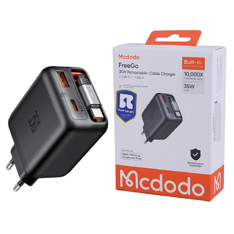 شارژر دیواری 35 وات 3 پورت مک دودو مدل FreeGo CH-1280  با کابل جمع شونده تایپ سی