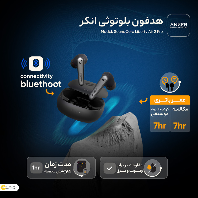 هدفون بلوتوثی آنکر مدل SoundCore Liberty Air 2 Pro با نویز کنسلینگ فعال (ANC)، درگاه شارژ USB Type-C، مجهز به درایور PureNote برای ایجاد صدایی واضح، مقاوم در برابر رطوبت و عرق (IPX4)