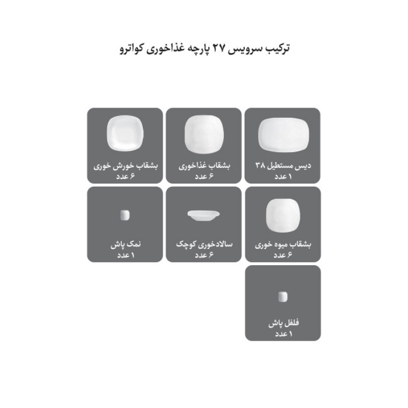 سرویس غذاخوری27 پارچه کواترو چینی زرین ایران مدل سمن درجه عالی