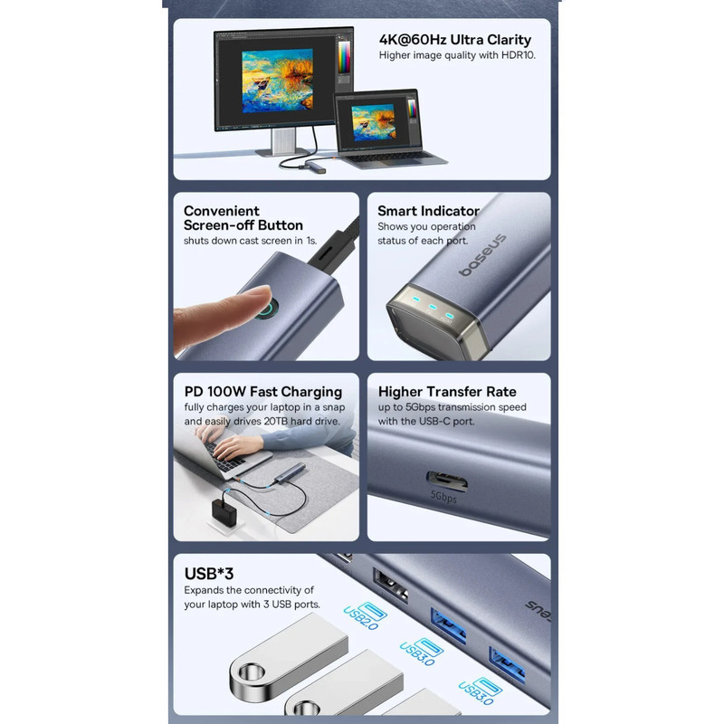 هاب 6 پورت USB-C باسئوس مدل BS-OH164