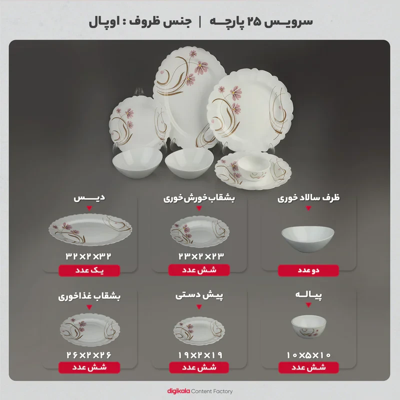 سرویس غذا خوری 25 پارچه آیروپال طرح گرد مدل صنم صورتی 