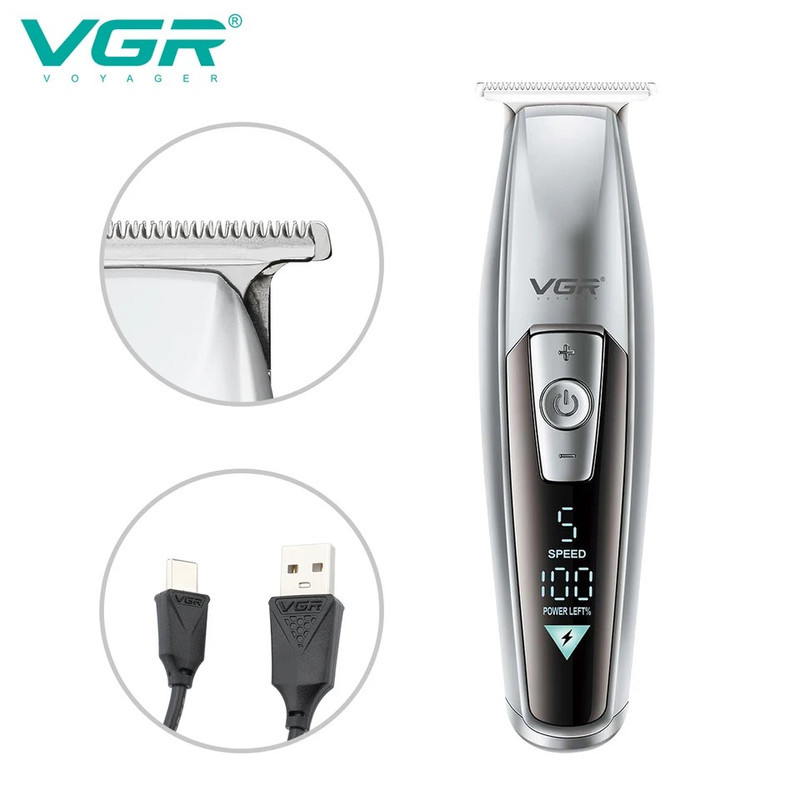 ماشین اصلاح موی سر و صورت وی جی ار مدل V-970 با تیغه استیل ضد زنگ، باتری قابل شارژ با 240 دقیقه استفاده، 5 سرعت قابل تنظیم، طراحی ارگونومیک و 3 شانه تنظیم طول 2، 3 و 4 میلی‌متر