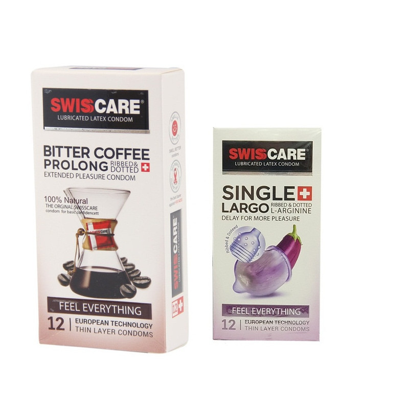 کاندوم سوئیس‌کر مدل Coffee Prolong بسته 12 عددی به  همراه کاندوم سوئیس کر مدل Largo بسته 12 عددی