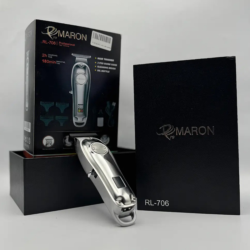ماشین اصلاح موی سر و صورت پرومارون مدل RL706 با تیغه کروم و استیل ضدزنگ، باتری 600mAh، نمایشگر دیجیتال، قابلیت اصلاح صفر، شانه متحرک 2 تا 4 میلی‌متر، طراحی ارگونومیک و مقاوم در برابر ضربه، شارژ سریع 50 دقیقه‌ای و منبع انرژی باتری قابل شارژ