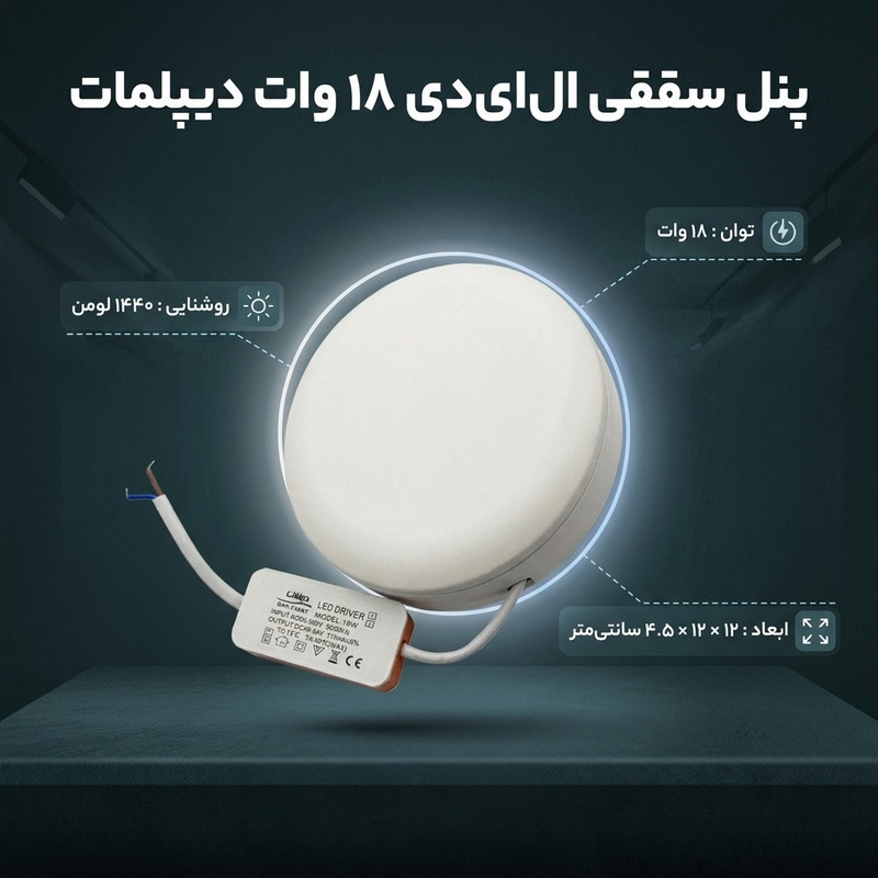پنل سقفی ال ای دی 18 وات دیپلمات مدل فول لایت روکار گرد