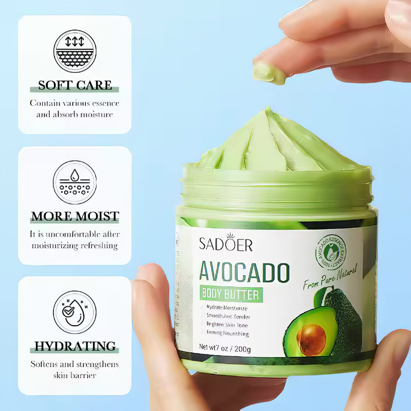 کره بدن آووکادو سادور مدل AVOCADO وزن 200 گرم مرطوب‌کننده سبک، ضد خشکی و ضد التهاب، مناسب انواع پوست با خواص آنتی‌اکسیدانی و ترمیم‌کننده