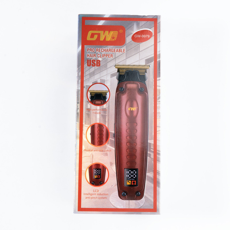 ماشین اصلاح موی سر و صورت جی دبلیو مدل GW-9979، اصلاح به صورت صفر زن، خط زن، منبع انرژی باتری، تکنولوژی اصلاح به صورت تریمر، مدت زمان شارژ 120 دقیقه و مدت زمان استفاده پس از شارژ 120 دقیقه، به همراه کابل شارژ، برس تمیزکننده، روغن، 4 عدد شانه، عملکرد توربو