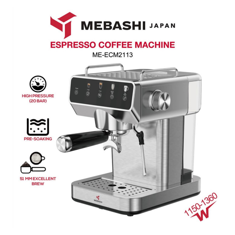 اسپرسو ساز خانگی 1.2 لیتری مباشی مدل ME-ECM2113، نیمه اتوماتیک با مصرف پودر قهوه، مناسب تهیه اسپرسو و کاپوچینو، دارای یک عدد نازل قهوه، تنظیم میزان بخاردهی