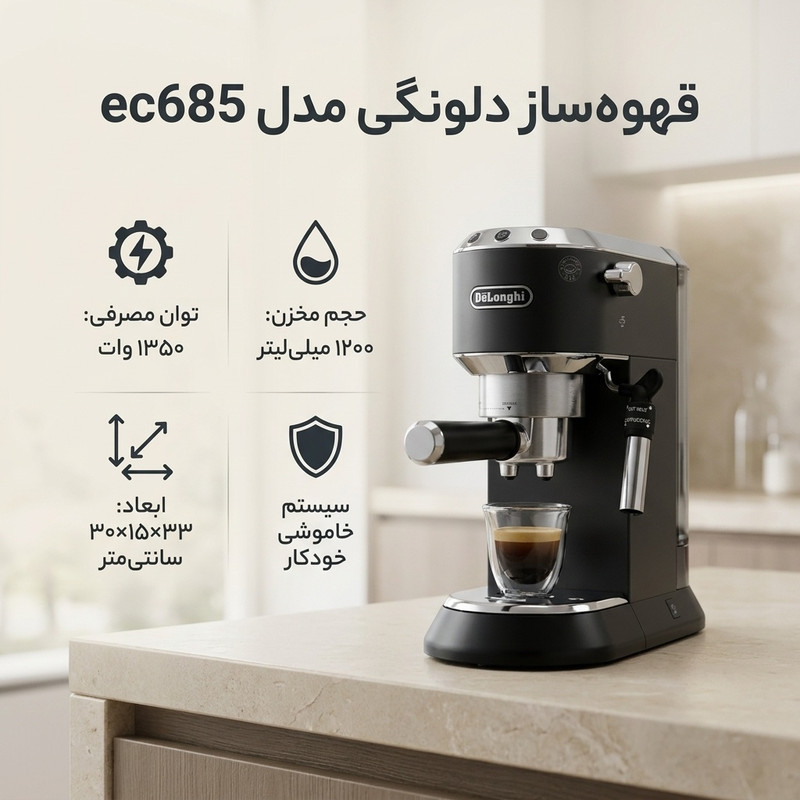 قهوه‌ساز دلونگی مدل ec685، با فیلتر دائمی، دارای کف ساز شیر، سیستم گرم کردن فنجان و صفحه گرم نگهدارنده قهوه