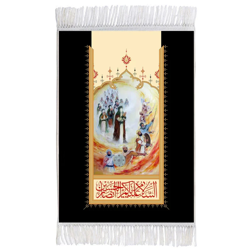 فرش ماشینی دیوارکوب اطلس آبی طرح نماز ظهر عاشورا امام حسین مدل T2280