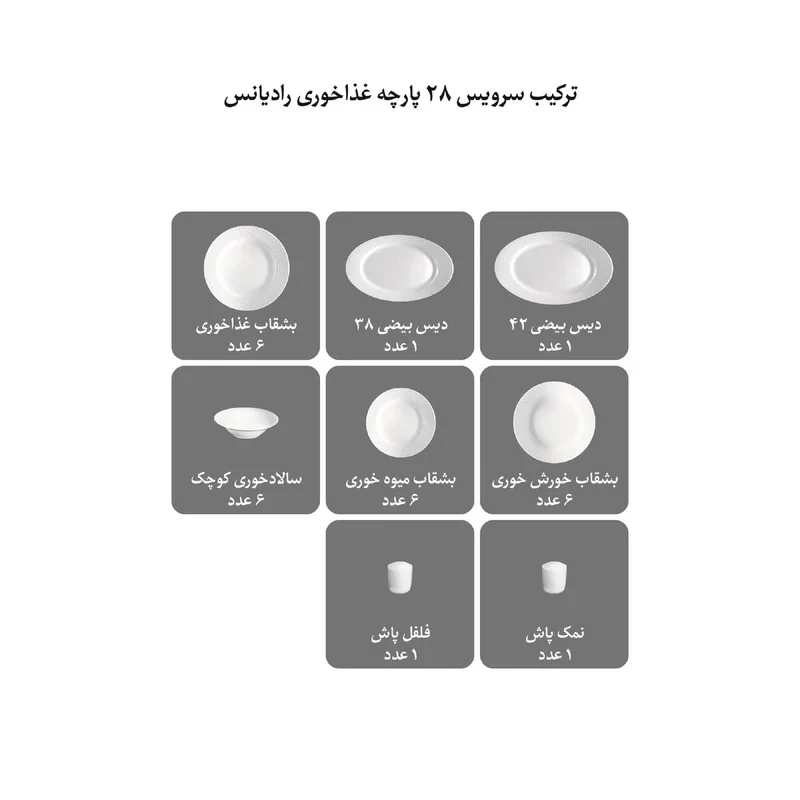 سرویس غذاخوری 28 پارچه 6 نفر چینی زرین ایران مدل رادیانس ویلیج درجه 3