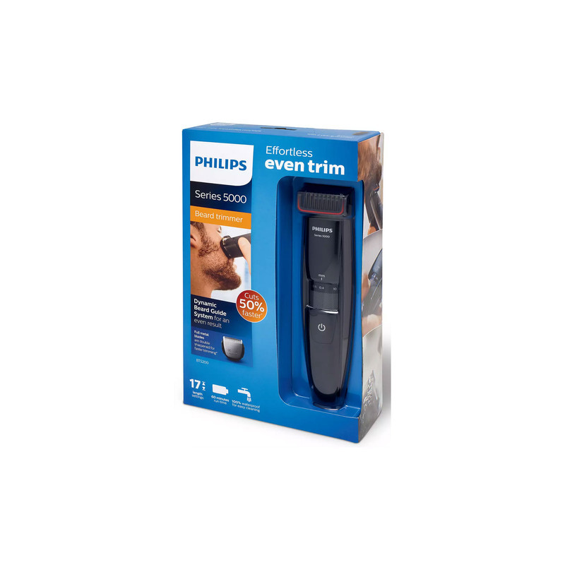 ماشین اصلاح موی صورت فیلیپس مدل BT520016 با تیغه‌های استیل ضدزنگ خود تیزشونده، طول اصلاح 0.4 تا 10 میلی‌متر، قابلیت استفاده با باتری و برق، شارژ USB یک ساعته و ضدآب با طراحی ارگونومیک و شانه قابل تنظیم دستی
