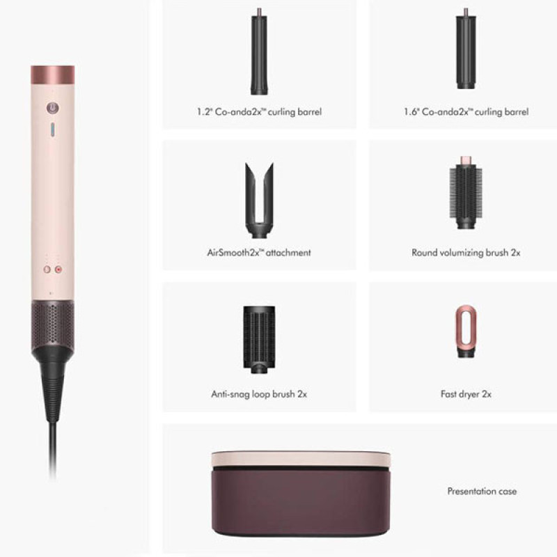 سشوار برس‌دار حالت‌دهنده 1300 وات دایسون مدل Airwrap id HS08 Straight+Wavy، موتور BLDC، وزن 630 گرم، دارای سری شانه‌دار، سری برس‌دار گرد پهن، کیف نگه‌دارنده، خشک‌کن ملایم، متمرکز‌کننده باریک، متمرکز‌کننده پهن با ویژگی فرکنندگی، صاف‌کنندگی، حجم‌دهندگی