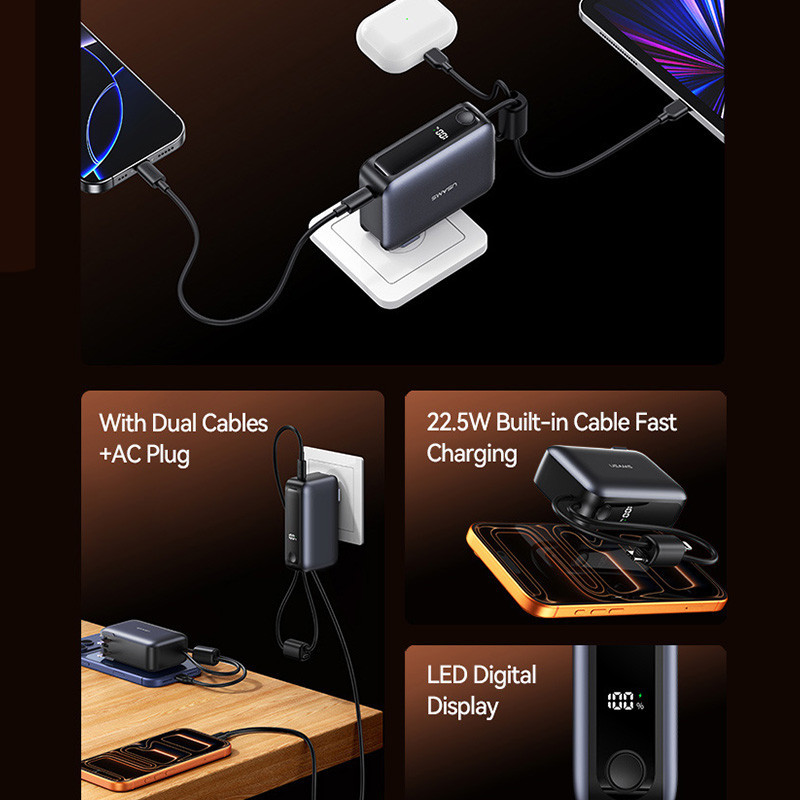 پاوربانک 22.5 وات یوسمز مدل CD260 ظرفیت 10000 میلی‌آمپرساعت به همراه 2 عدد کابل USB-C و لایتنینگ