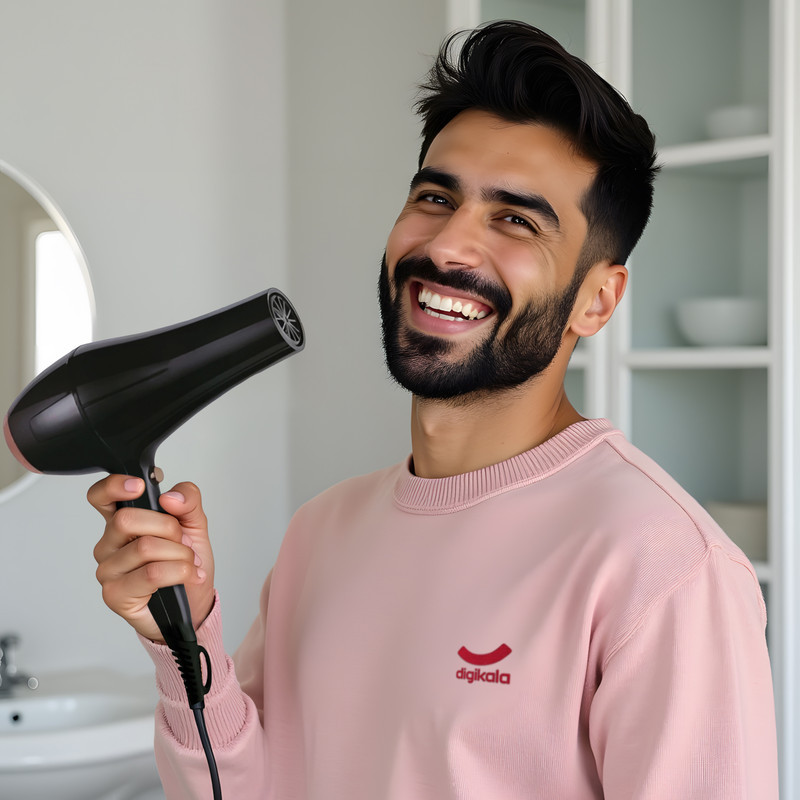 سشوار حرفه‌ای مدل PR0FESSI0N، موتور AC، توان مصرفی 9000 وات، دارای قابلیت باد سرد، فناوری تولید یون، دارای عملکرد پخش گرما، تعویض سری، طراحی ارگونومیک، وزن 540 گرم، با حالت حجم‌دهنده، تنظیم حرارت 3 حالته و کنترل سرعت 2 حالته، به همراه سری متمرکزکننده پهن