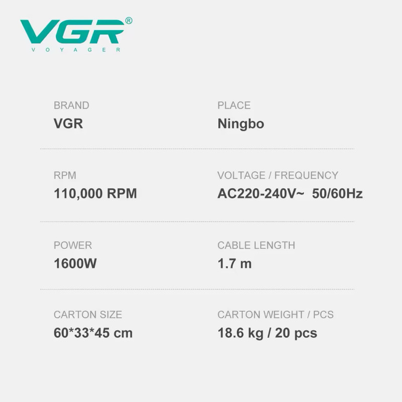 سشوار حرفه ای 1600 وات وی جی ار مدل v-445