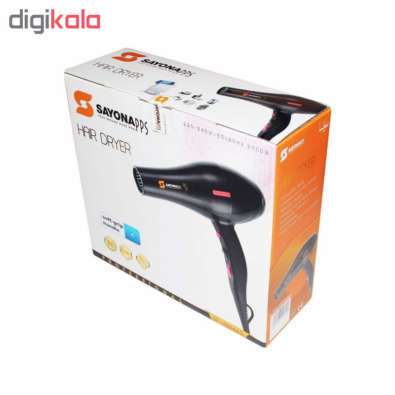 سشوار حرفه‌ای 2000 وات سایونا مدل SY-1200، موتور AC، وزن 1100 گرم، المنت فلز، دارای سری متمرکز‌کننده باریک، متمرکز‌کننده پهن با ویژگی صاف‌کنندگی، حجم‌دهندگی، با قابلیت باد سرد