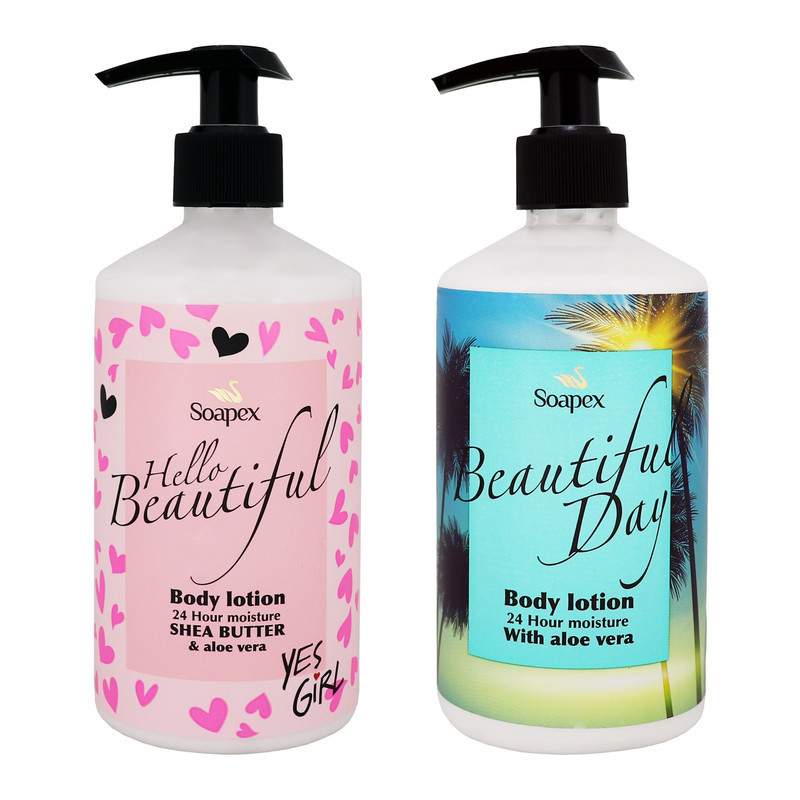 لوسیون بدن سوپکس مدل Shea butter و Aloe vera حجم 350 میلی‌لیتر، مرطوب‌کننده قوی با عصاره شی باتر برای جلوگیری از پیری پوست و آلوئه ورا برای آبرسانی و احیای سلول‌های مرده، مناسب انواع پوست و با بوی خوش و آرامش‌بخش