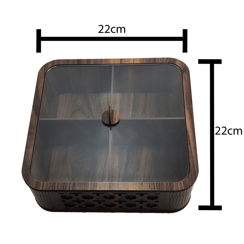 جعبه پذیرایی مدل LZ-1 با بدنه MDF و در پلکسی، مناسب نگهداری آجیل، دمنوش و شکلات، مقاوم در برابر نفوذ گرد و غبار