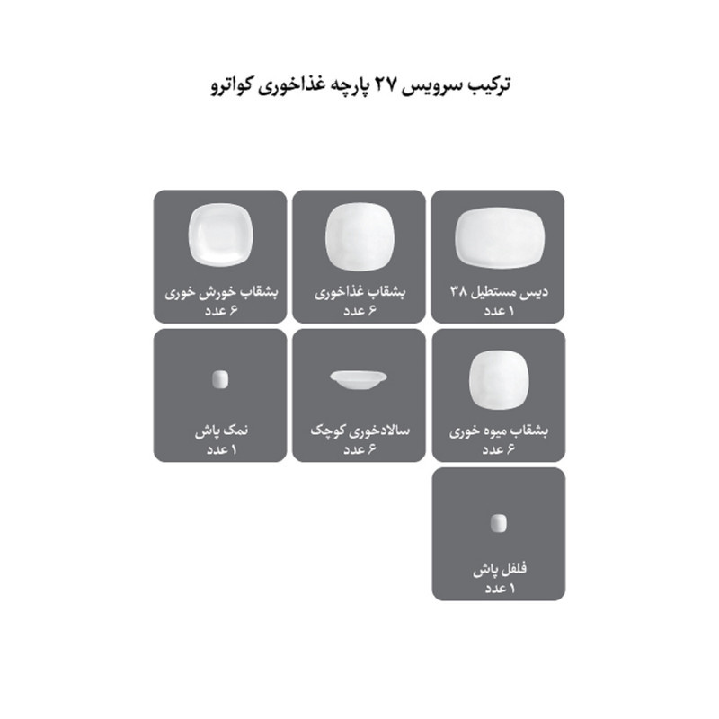 سرویس غذاخوری 27 پارچه چینی زرین ایران مدل کواترو ادلین درجه 3