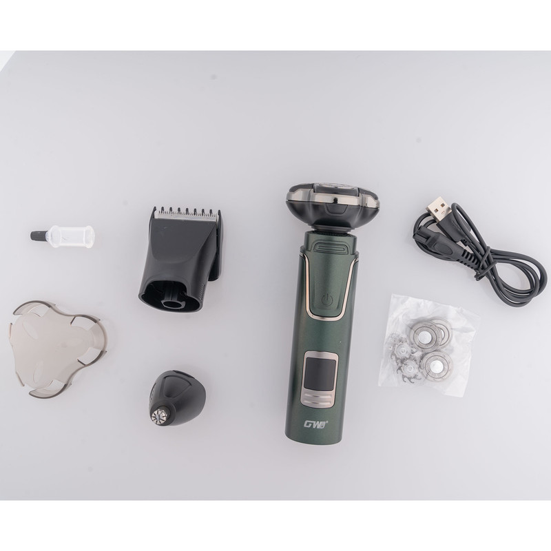 ست ماشین اصلاح موی صورت و بینی شارژی جی دبلیو مدل GW-9936B، اصلاح به صورت صفر زن، خط زن و حجم زن، منبع انرژی با باتری، تکنولوژی اصلاح به صورت برش چرخشی، اندازه اصلاح 0.1 میلی‌متر، مدت زمان شارژ 60 دقیقه و مدت زمان استفاده پس از شارژ 150 دقیقه، ضد آب