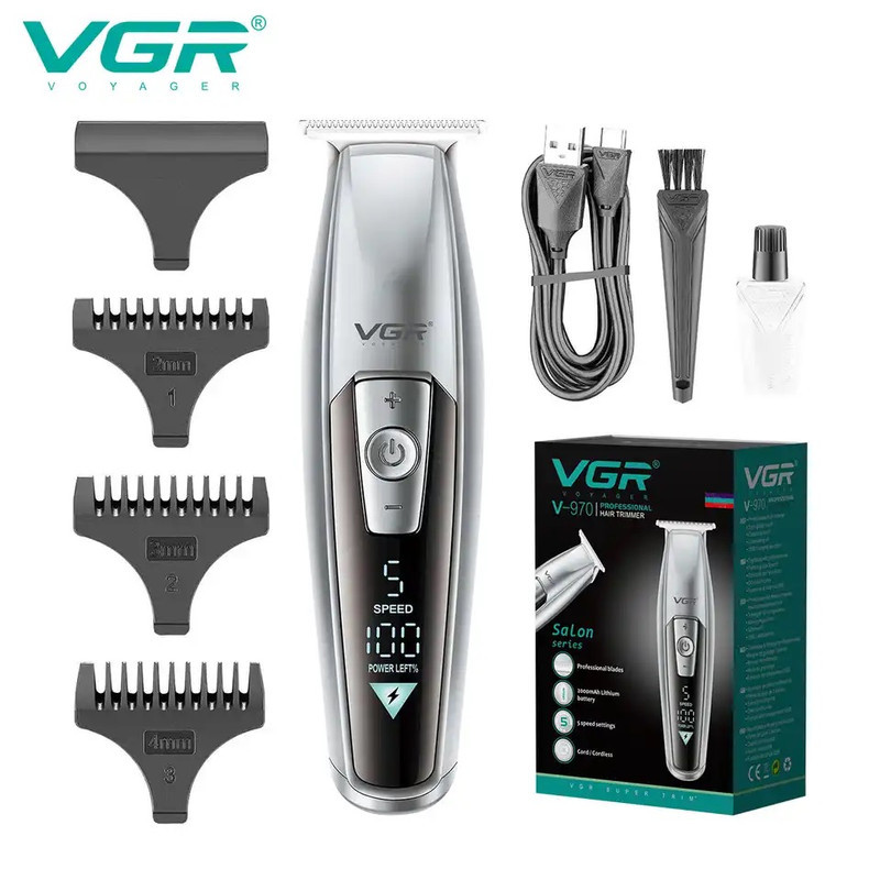 ماشین اصلاح موی سر و صورت وی جی ار مدل V-970 با تیغه استیل ضد زنگ، باتری قابل شارژ با 240 دقیقه استفاده، 5 سرعت قابل تنظیم، طراحی ارگونومیک و 3 شانه تنظیم طول 2، 3 و 4 میلی‌متر