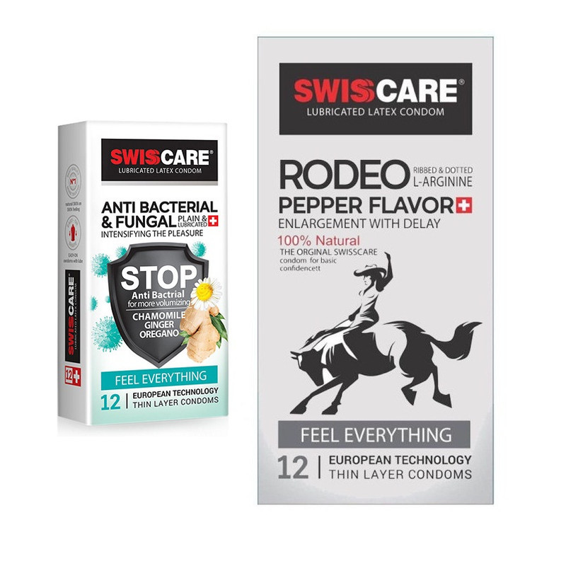 کاندوم سوئیس کر مدل ANTI BACTERIAL بسته 12 عددی  به همراه کاندوم سوئیس کر مدل RODEO بسته 12 عددی