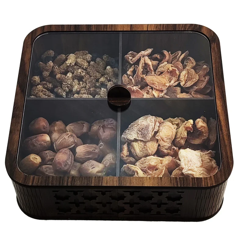 جعبه پذیرایی مدل LZ-1 با بدنه MDF و در پلکسی، مناسب نگهداری آجیل، دمنوش و شکلات، مقاوم در برابر نفوذ گرد و غبار