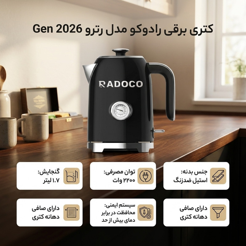 کتری برقی رادوکو مدل رترو Gen 2026 گنجایش 1.7 لیتر