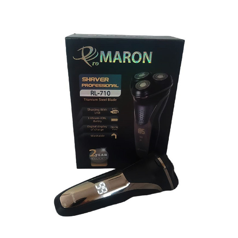 ماشین اصلاح موی صورت پرومارون مدل RL-710، اصلاح به صورت خط زن، حجم زن و صفر زن، استفاده به صورت خشک و مرطوب، طراحی ارگونومیک، منبع انرژی باتری قابل شارژ، تکنولوژی اصلاح به صورت برش چرخشی، مدت زمان شارژ 90 دقیقه و  مدت زمان استفاده پس از شارژ 45 دقیقه