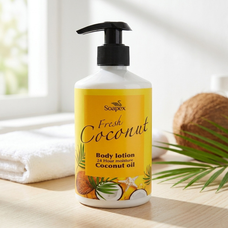 لوسیون بدن مرطوب‌کننده بانوان سوپکس مدل Coconut oil حجم 350 میلی‌لیتر با ترکیبات گلیسیرین و اوره و بسته‌بندی پمپی