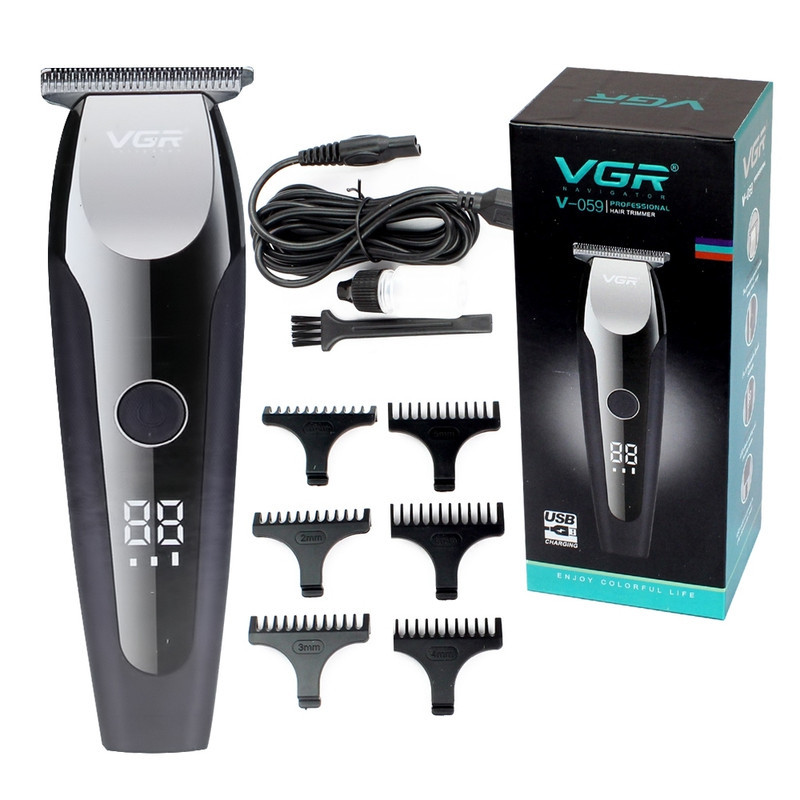 ماشین اصلاح موی صورت و بدن وی جی ار مدل V-059 با تیغه استیل ضد زنگ خودتیز شونده، باتری لیتیوم یونی با 150 دقیقه زمان استفاده، نمایشگر دیجیتال، تنظیم سرعت 3 مرحله‌ای و 6 عدد شانه سایز 1 تا 6 میلی‌متر