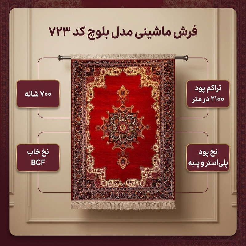 فرش ماشینی 700 شانه زمینه لاکی حاشیه لاکی مدل بلوچ bcf تراکم 2100 کد 723