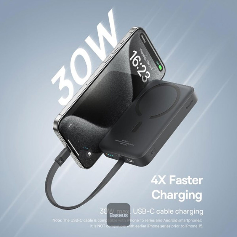پاوربانک بی‌سیم 30 وات باسئوس مدل Magnetic Mini ظرفیت 10000 میلی آمپر ساعت