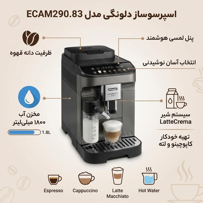 اسپرسوساز خانگی 1800 میلی‌لیتری دلونگی مدل ECAM290.83، تمام اتوماتیک با مصرف دانه قهوه، مناسب تهیه اسپرسو، کاپوچینو و ریسترتو، دارای 2 عدد نازل قهوه، آسیاب قهوه، سیستم گرم کردن فنجان، مکانیزم نظافت خودکار، سینی چکه گیر