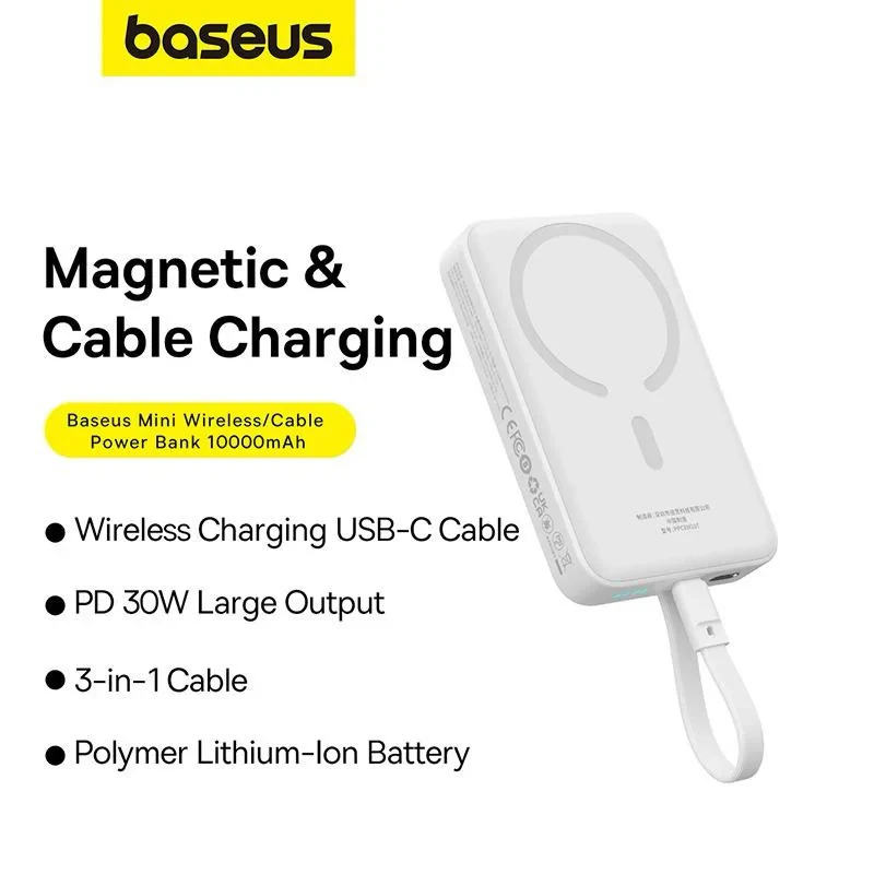پاوربانک بی‌سیم 30 وات باسئوس مدل Magnetic Mini ظرفیت 10000 میلی آمپر ساعت