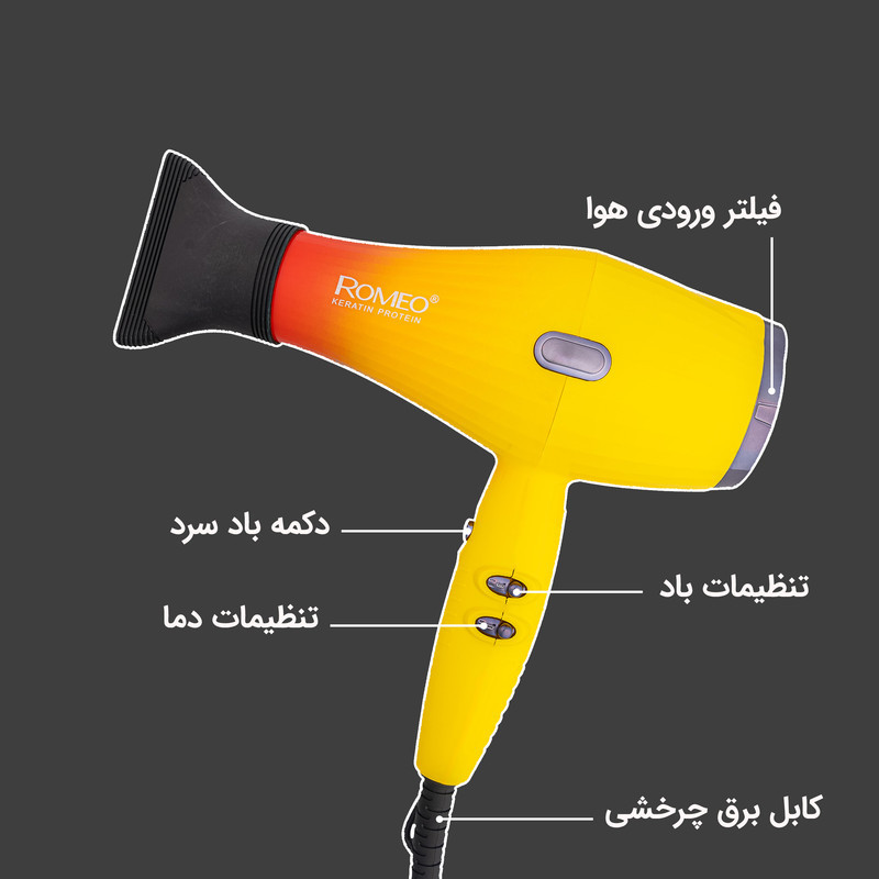 سشوار حرفه‌ای 2200 وات رومئو مدل RM-5151، موتور AC، وزن 682 گرم، دارای سری متمرکز‌کننده باریک با ویژگی صاف‌کنندگی، با قابلیت باد سرد، فناوری تولید یون