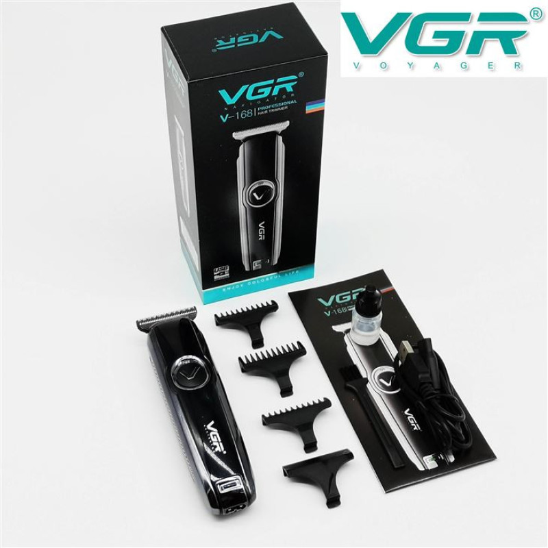 ماشین اصلاح موی بدن و صورت وی جی ار مدل V-168 با تیغه استیل ضد زنگ، طراحی ارگونومیک، شارژ USB، قابلیت تنظیم سرعت و شانه قابل تنظیم دستی