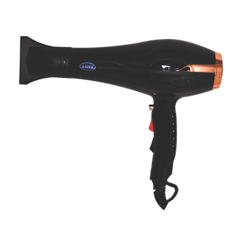 سشوار حرفه‌ای 2400 وات کایزر مدل MAX POWER، موتور AC، وزن 500 گرم، المنت تیتانیوم، دارای سری متمرکز‌کننده پهن با ویژگی صاف‌کنندگی، با قابلیت باد سرد، عملکرد توربو، فناوری تولید یون