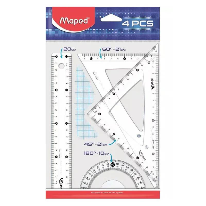 ست خط کش گونیا و نقاله مپد مدل کریستال کد 21cm بسته 4 عددی