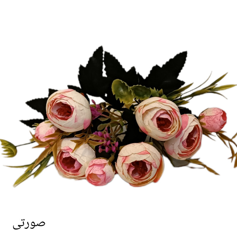 گل مصنوعی بوته نسترن مینیاتوری، 8 گل با 5 بازو، گل‌های پارچه‌ای و ساقه پلاستیکی، ارتفاع 25 سانتی‌متر، قطر سرگل 3 سانتی‌متر مناسب گلدان کوچک رومیزی و دیزاین دسته گل