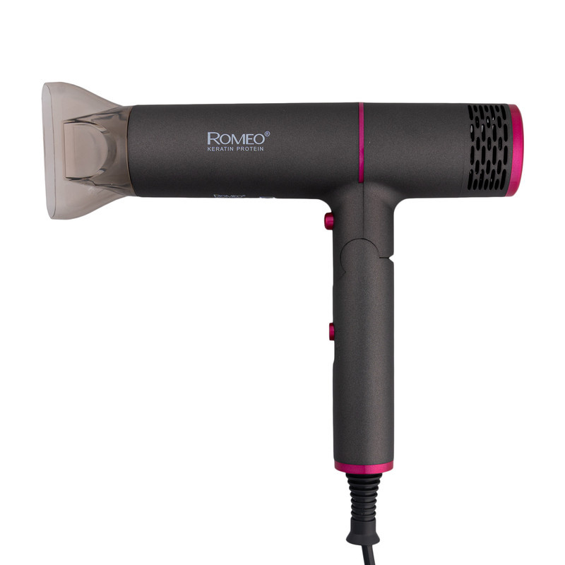 سشوار حرفه‌ای 2000 وات رومئو مدل RM-5656، موتور AC، وزن 600 گرم، المنت سرامیک تورمالین، دارای سری متمرکز‌کننده باریک با ویژگی صاف‌کنندگی، با قابلیت باد سرد