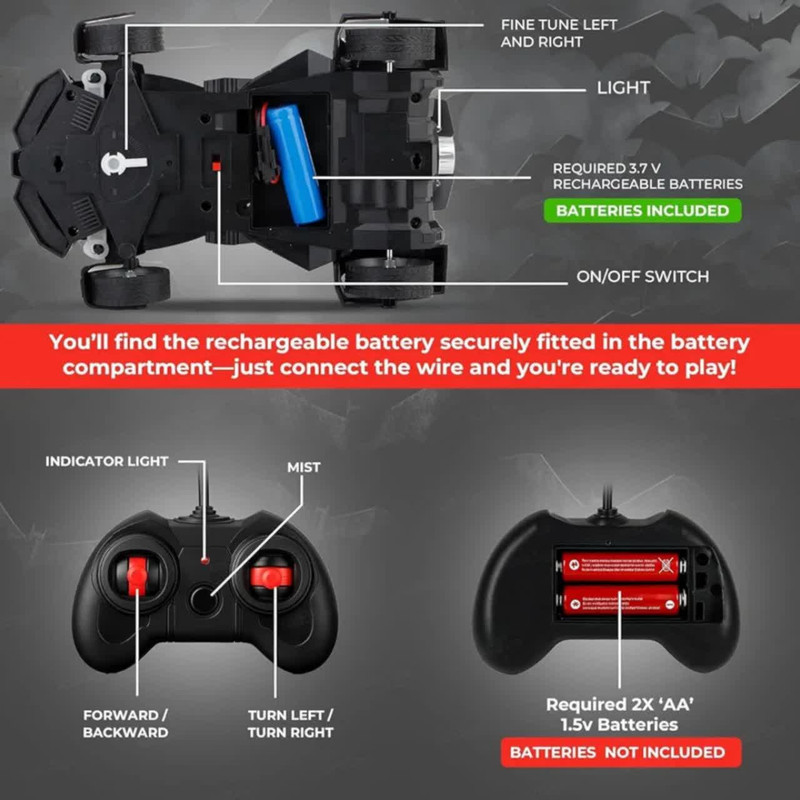 ماشین بازی کنترلی ناب سل مدل بتمن شارژی دودزا چراغدار همراه با فیگور بتمن BATMAN REMOTE CONTROL SPRAY CAR
