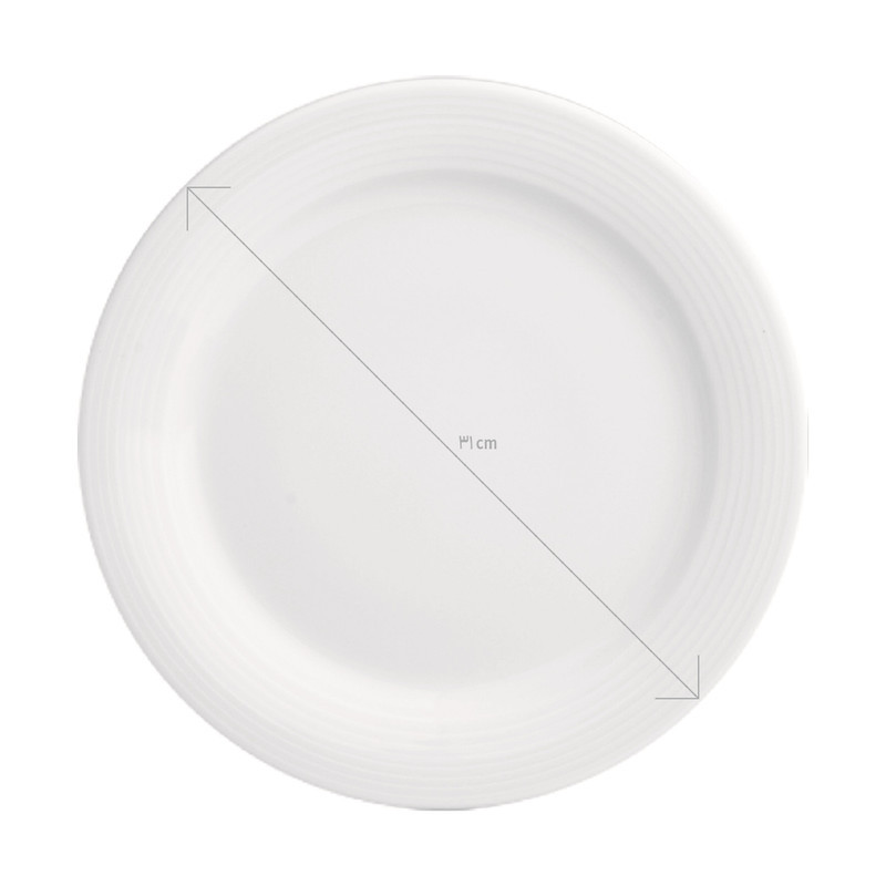 دیس چینی زرین ایران مدل گرد هتلی 49 کد 31، مناسب مایکروویو، ابعاد 30×30×2.5، وزن 800 گرم، شستشو با دست و ماشین ظرفشویی، دارای جعبه