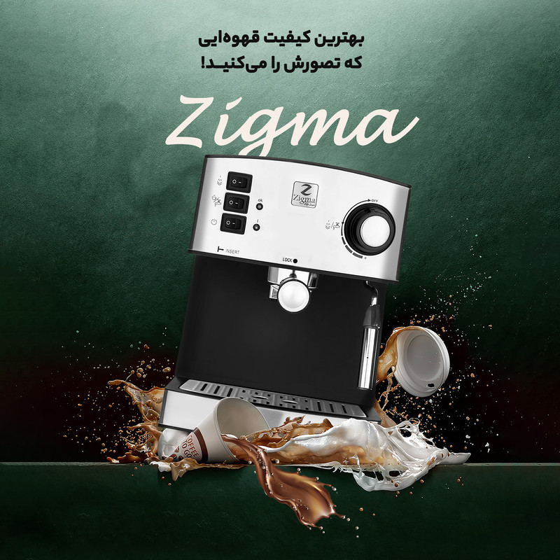 اسپرسو ساز خانگی 1.6 لیتری زیگما مدل RL-222، نیمه اتوماتیک با مصرف پودر قهوه، مناسب تهیه اسپرسو، کافه لاته، موکا و کاپوچینو، دارای یک عدد نازل قهوه، سیستم گرم کردن فنجان