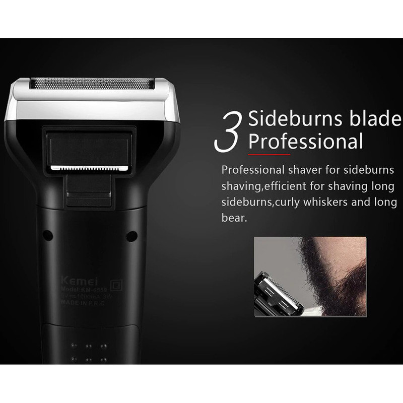 ماشین اصلاح موی صورت کیمی مدل KM-6559، اصلاح به صورت صفر زن، خط زن، دارای سه سری مخصوص برای اصلاح صورت، سر، گوش و بینی، منبع انرژی با کابل USB، تکنولوژی اصلاح به صورت برش چرخشی، مدت زمان شارژ 480 دقیقه و مدت زمان استفاده پس از شارژ 60 دقیقه