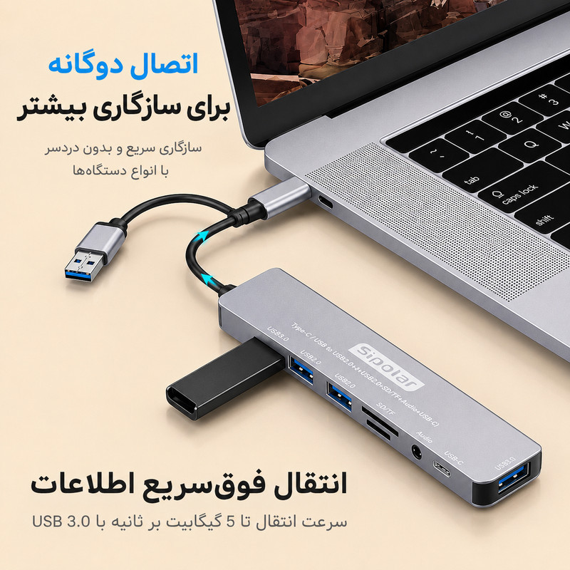 هاب 8 پورت USBUSB-C سیپولار مدل USBType-C to Audio