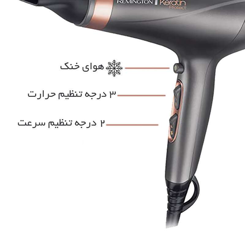 سشوار حرفه‌ای 2200 وات رمینگتون مدل AC8820، موتور AC، وزن 840 گرم، المنت سرامیک، دارای سری دیسپانسر، متمرکز‌کننده باریک، متمرکز‌کننده پهن با ویژگی صاف‌کنندگی، حجم‌دهندگی، با قابلیت فناوری تولید یون