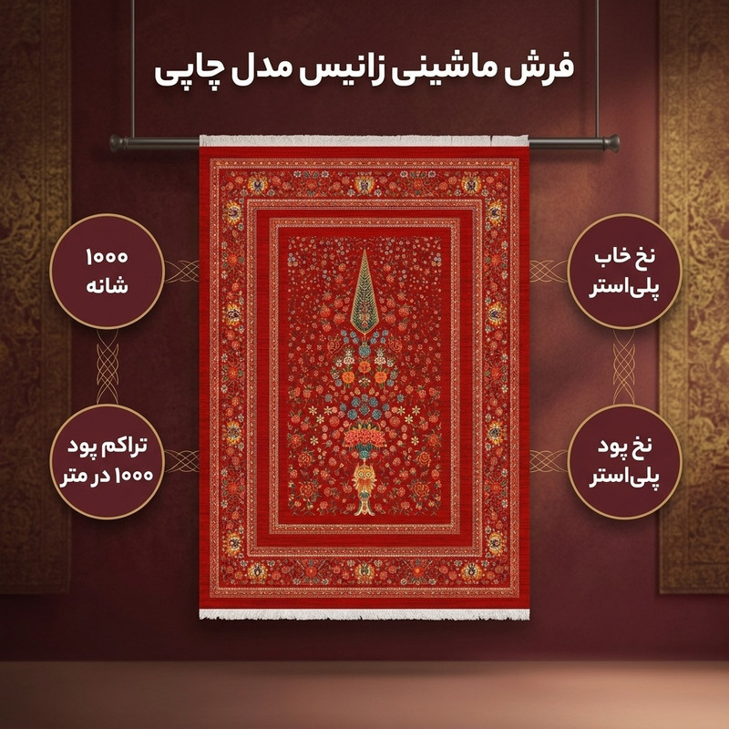 فرش ماشینی 1000 شانه زانیس زمینه قرمز لاکی حاشیه مشکی مدل چاپی